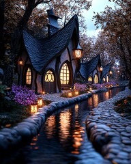 Wall Mural - Tiny woodland houses Enchanting Fairy Tale Village with Unique Houses and Serene Waterway at Dusk