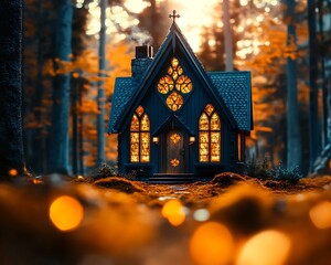 Wall Mural - Tiny woodland houses Cozy Medieval Cottage Surrounded by Enchanted Forest and Glowing Lanterns at Dusk