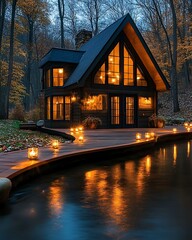 Wall Mural - tiny woodland houses cozy mountain cabin at dusk with glowing lanterns surrounded by autumn trees an