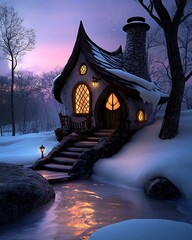 Wall Mural - tiny woodland houses cozy enchanted cottage by a frozen stream under a purple twilight sky