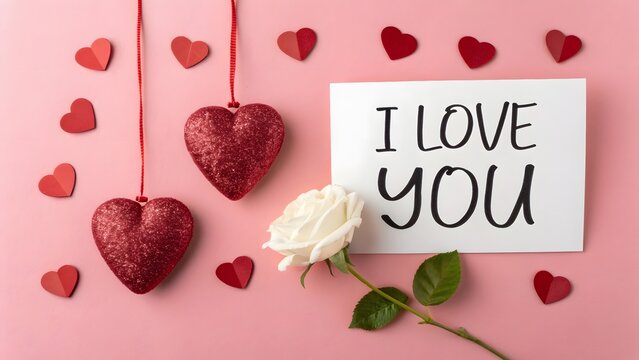 Handwriting Happy Valentine's day concept background, Valentine's Day card with 'I LOVE YOU' text and a single rose