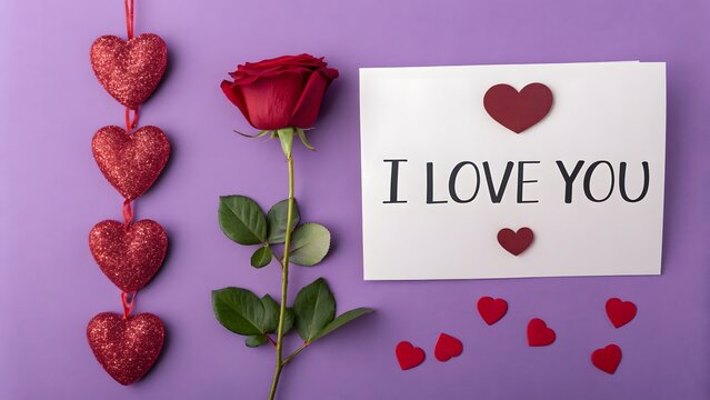 Handwriting Happy Valentine's day concept background, Valentine's Day card with 'I LOVE YOU' text and a single rose