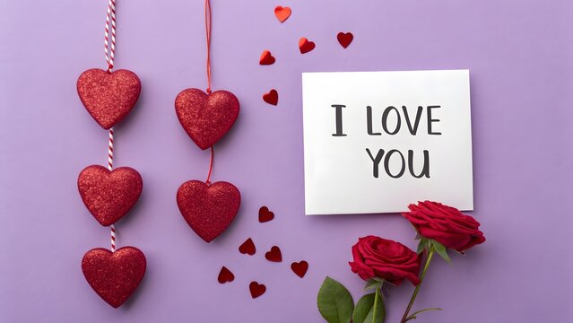 Handwriting Happy Valentine's day concept background, Valentine's Day card with 'I LOVE YOU' text and a single rose