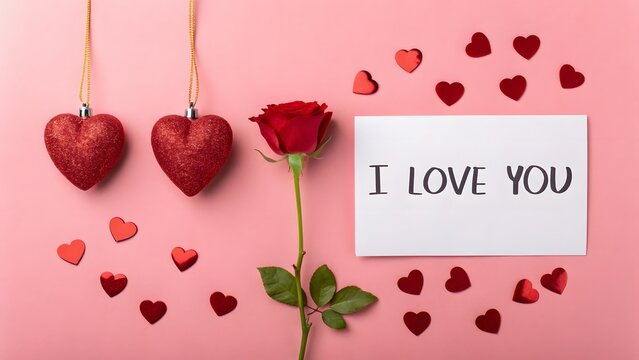 Handwriting Happy Valentine's day concept background, Valentine's Day card with 'I LOVE YOU' text and a single rose