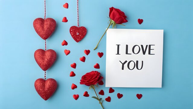Handwriting Happy Valentine's day concept background, Valentine's Day card with 'I LOVE YOU' text and a single rose