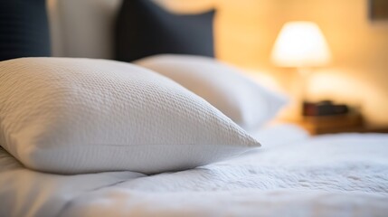 Aufkleber - Cozy bed with plush pillows and warm ambient light creating a tranquil bedroom atmosphere : Generative AI