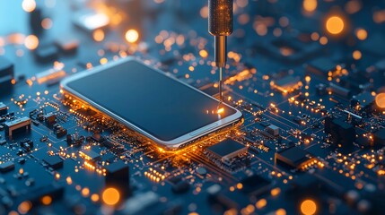 Poster - Innovative smartphone assembly process high-tech manufacturing facility detailed close-up futuristic environment macro view focus on technology integration