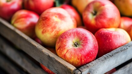 Poster - Fresh and Juicy Red Apples in a Rustic Wooden Crate Ready for Sale : Generative AI