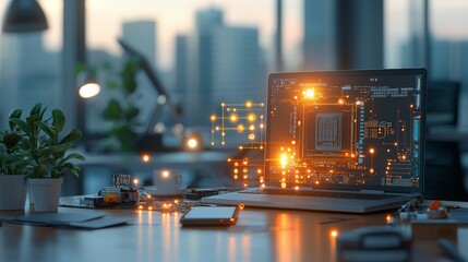 Poster - Innovative technology development in a modern office urban environment digital art inspiring workspace close-up perspective futuristic concept