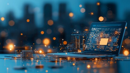 Poster - Digital innovation showcase laptop with circuit board graphics urban setting technology imagery nighttime environment close-up view futuristic concept