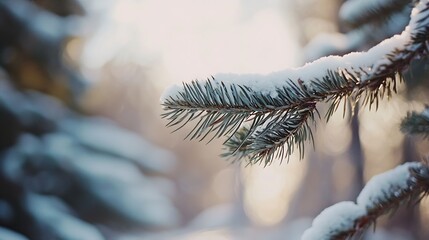 Aufkleber - Pine branch adorned with fresh snow glistening in the soft winter light : Generative AI