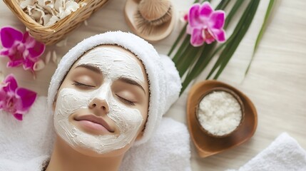 Aufkleber - Relaxing spa treatment with a peaceful woman enjoying a natural face mask surrounded by flowers : Generative AI