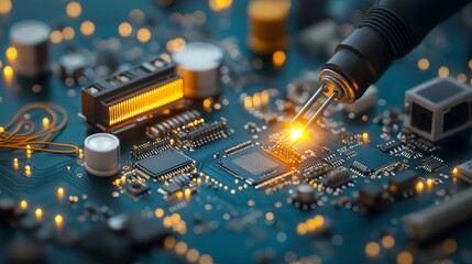 Poster - Innovative circuit board assembly process high-tech lab close-up photography dynamic environment macro viewpoint technology advancement