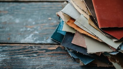 Poster - Colorful assortment of textured fabric swatches showcasing various shades and styles on a rustic wooden surface : Generative AI