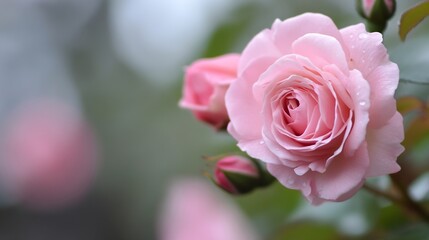 Poster - Beautiful Closeup of Fresh Pink Roses with Dewdrops in a Natural Setting for Floral Decor : Generative AI