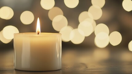Poster - Beautifully lit candle with a warm glowing flame set against a backdrop of soft bokeh lights : Generative AI