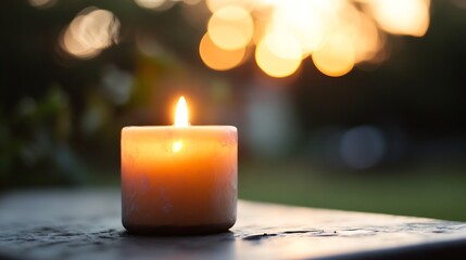 Leinwandbilder - Warm glowing candle set against a beautiful outdoor sunset creating a serene atmosphere : Generative AI