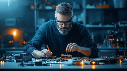 Poster - Innovative electronics repair process workshop setting technical skill enhancement indoor lab close-up perspective craftsmanship in action