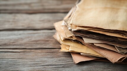 Fototapete - Variety of beige and light brown textured paper sheets stacked together on rustic wooden surface : Generative AI