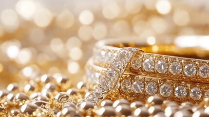 Poster - Glistening gold jewelry pieces featuring sparkling diamonds set against shimmering golden background : Generative AI