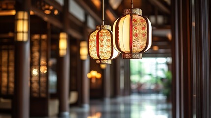 Aufkleber - Charming traditional lanterns hanging in a beautifully designed space reflecting warm cultural atmosphere : Generative AI