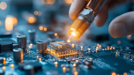 Poster - Precision laser engraving process on circuit board components high-tech workshop industrial photography technological environment close-up viewpoint