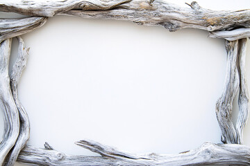 Wall Mural - white rustic driftwood frame on a white background  isolated  empty space  blank  border nature wood  photo  frame  simple modern design  abstract  decorative