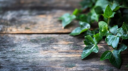 Poster - Lush green ivy leaves on a rustic wooden surface creating a natural and calming ambiance : Generative AI