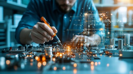 Poster - Precision electronics repair action in a workshop environment detailed soldering techniques and circuit analysis for enthusiasts and professionals