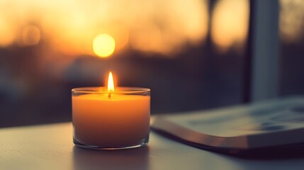Poster - Candle flickering softly on a table with a stunning sunset view in the background : Generative AI