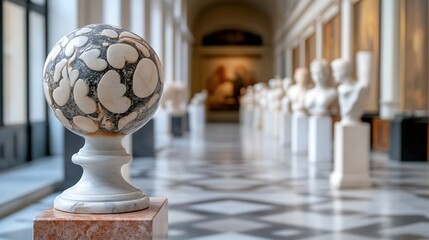 Poster - Impressive marble globe sculpture amidst classical artworks in a grand museum hallway : Generative AI