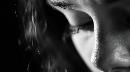 Poster - Close up portrait of a young woman with closed eyes showcasing serene beauty and emotion in stunning black and white : Generative AI