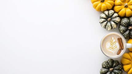 Wall Mural - Coffee latte in white cup with pumpkins and gourds on wooden table during autumn season