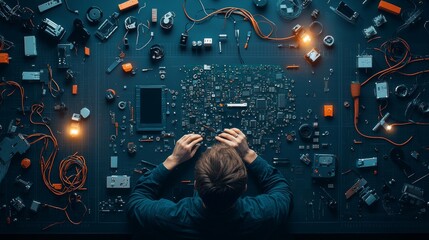 Poster - Innovative electronics repair workshop tech lab visual guide high-tech environment overhead view exploring circuitry in action