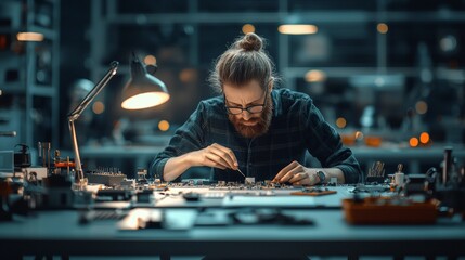Poster - Dedicated technician working on circuit board in a modern workshop electronics innovative environment close-up perspective craftsmanship concept