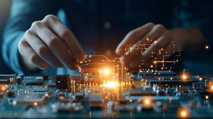 Poster - Innovative technology assembly modern workspace close-up action circuit board environment focused viewpoint engineering concept for future development