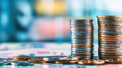 Poster - Stacked coins in a close-up view showing different sizes and textures on a neutral background