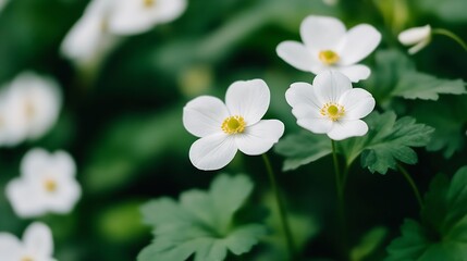 Aufkleber - Delicate white flowers blooming amongst lush green foliage symbolizing nature's beauty and renewal in spring : Generative AI