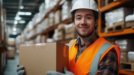 Poster - Smiling warehouse worker holding a cardboard box in a spacious storage facility with shelves of products in the background during daylight hours