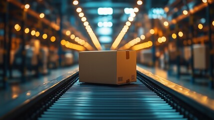 Poster - focused delivery box on conveyor belt in modern warehouse environment with soft lighting and busy ba