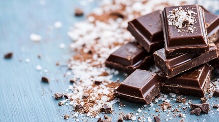 Poster - Melted dark chocolate bars piled together on a colorful background creating a tempting dessert layout : Generative AI