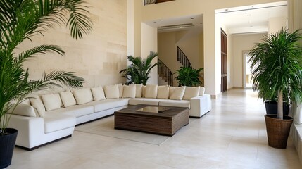 Aufkleber - Modern home interior featuring a stylish white sectional sofa and lush green plants creating a calming atmosphere : Generative AI