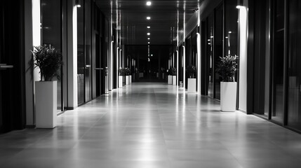 Poster - Modern and Elegant Hallway with Bright Lighting and Potted Plants : Generative AI