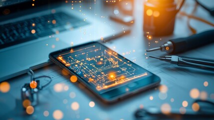 Poster - Innovative technology integration modern office workspace digital devices professional environment close-up view futuristic concept for enhanced productivity
