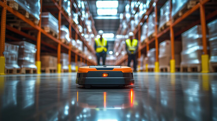 Poster - advanced warehouse robotics technology with automated transport robot in modern distribution center