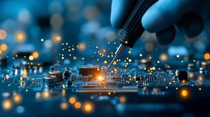 Poster - Precision engineering in electronics circuit board assembly workshop technical process controlled environment close-up innovation in technology