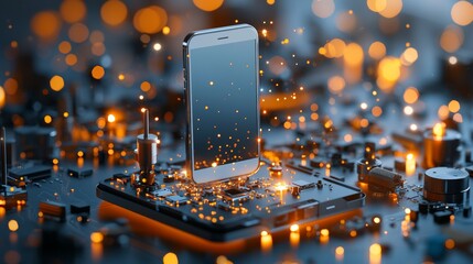 Poster - Innovative smartphone technology showcase high-tech laboratory digital art futuristic environment close-up viewpoint cutting-edge concept for modern connectivity