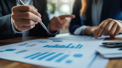 Poster - Business professionals analyzing financial data together with charts and graphs on desk during a meeting in a modern office environment