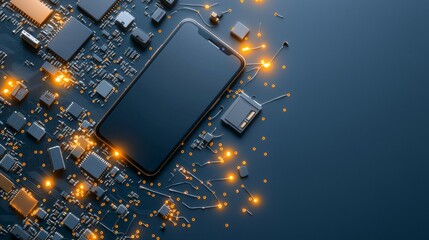 Poster - Innovative technology integration smartphone on circuit board digital workspace close-up view modern concept of connectivity