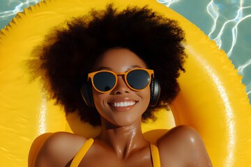 Wall Mural - a black woman with an afro and sunglasses lounging on top of a yellow swim ring by the pool, smiling
